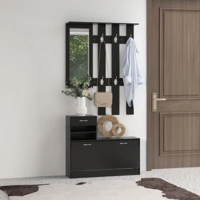 HOMCOM 3-in-1 Eingangsmöbel-Set Garderobe mit Mantelhaken, Spiegel und Schuhschrank - 6 Haken und verstellbares Regal, schwarz