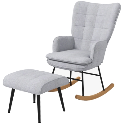 HOMCOM Fauteuil à bascule avec Ottomane design scandinave Fauteuil à bascule avec repose-pieds, bois de hêtre, capitonné, 64 cm x 89 cm x 90 cm Gris