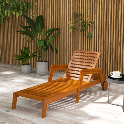 Outsunny Sonnenbad aus Holz mit Holzlatten, verstellbare Rückenlehne in 3 Positionen, Armlehnen, 2 Räder, 66 x 190 x 73,5 cm