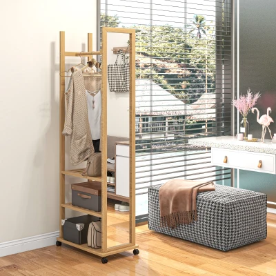 HOMCOM Standspiegel mit Rollen und mehreren Aufbewahrungsmöglichkeiten, 1 Kleiderstange, 3 untere Regale für Schlafzimmer Eingangsbereich, aus Holz
