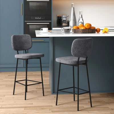 HOMCOM Set von 2 Barhockern hohe Küchenstühle mit Fußstützen und Leinen- und Stahlrückenlehne