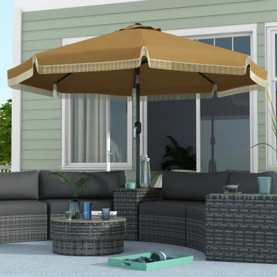 Outsunny Parasol avec décor à franges, Ø265 cm, inclinable, mât en métal en deux parties, capuchon de protection contre le vent, Kaki/Noir