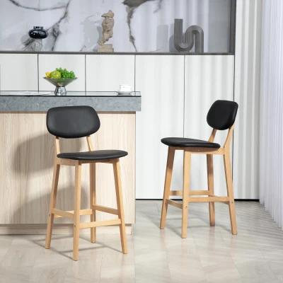 HOMCOM Set mit 2 Barhockern, hohe Stühle, Synthetikbezug mit Rückenlehne und Holzgestell, Schwarz