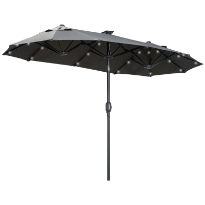 Outsunny Parasol Double, Parasol de Terrasse, Inclinable, avec Panneau Solaire, 35 LEDs, Cadre en Acier, gris, 2,95 x 1,50 x 2,19 m