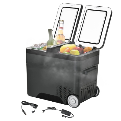 Outsunny Tragbare elektrische Kühltasche mit Gefrierschrank und Kühlschrank mit 2 Zonen - Fassungsvermögen 45 L mit Rädern, ausziehbarem Griff, 12/24 V DC und 110-240 V AC