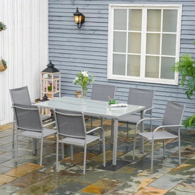 Outsunny Gartenmöbelset 6 Stühle + 1 Tisch aus Stahl, 7-teilig, stapelbare Stühle, gehärtete Glasplatte