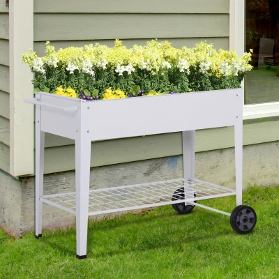 Outsunny Potager surélevé, Chariot de plantation mobile avec espace de stockage, Jardinière avec 2 roues, Métal, Blanc, 112 x 59 x 80 cm