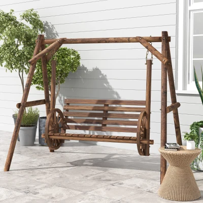 Outsunny Gartenbank für 2 Personen aus Holz mit Armlehnen und Karrenrädern für den Garten - Abmessungen 200L x 137B x 167H cm