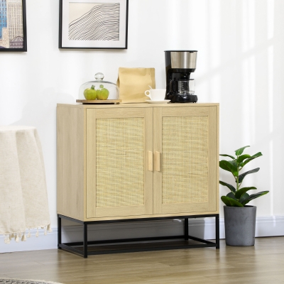 HOMCOM Bohème-Stil Sideboard mit 2 Türen aus geflochtenem Rattan, höhenverstellbarem Regal, 80 x 40 x 80 cm Natur