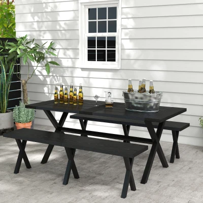 Outsunny Ensemble de bière de jardin pour 6 personnes, résistant aux intempéries, imitation bois, cadre en aluminium, noir