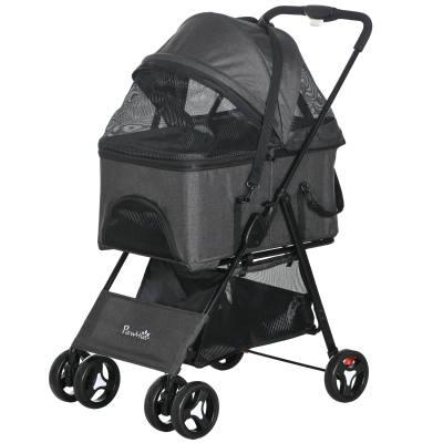 PawHut Hundekinderwagen 3-in-1 klappbarer Transportkorb mit abnehmbarem Griff Kissen 76 x 51 x 100 cm Grau