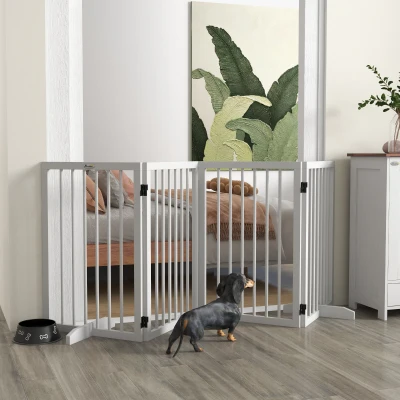 PawHut Barrière de Séparation pour Chiens, pliable, antidérapante, avec pieds de support, cadre en bois, 206x35,5x76 cm, Blanc