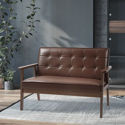 HOMCOM Sofá de 2 Lugares Estofado em Couro PU com Apoio para os Braços de Madeira para Sala de Estar Dormitório115x70x81 cm Marrom