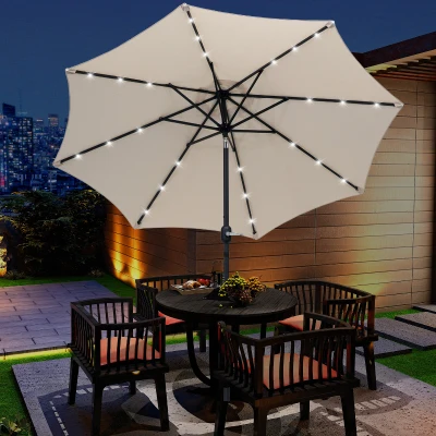 Outsunny Sonnenschirm für Garten, gerader Schirm, neigbarer achteckiger Schirm Ø 2,7 x 2,4 m, solarbetriebene 24 LEDs, Hochdichtepolyester 180 g/m², Creme