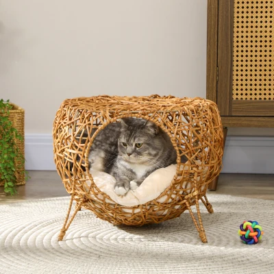 PawHut Katzenhöhle Katzenbett Katzenkorb Katzenhaus aus Rattan mit dickem Kissen Ø 40 x 32 cm Hellbraun