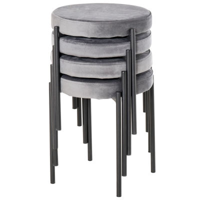 HOMCOM Ensemble de 4 Tabourets de Cuisine Empilables Chaises de Salle à Manger avec Siège Rembourré, Effet Velours Tabouret de Bar en Métal Gris 41,5 x 41,5 x 46 cm