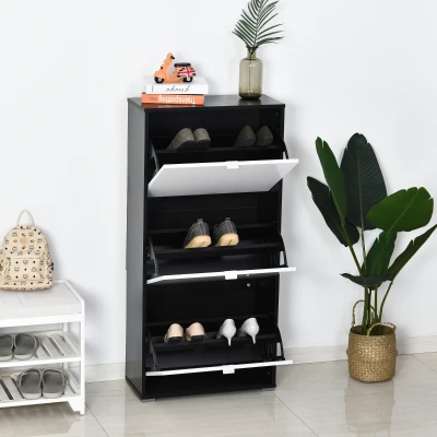 HOMCOM Schuhschrank mit 3 klappbaren Türen, 3 Fächern, MDF Schwarz Weiß Lackierung