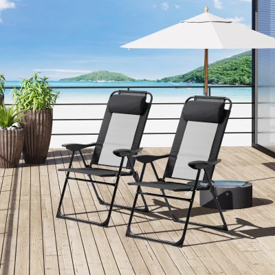 Outsunny Set mit 2 Gartenstühlen Basic-Set mit 2 klappbaren Stühlen, Campingstuhl, Balkonstuhl, Armlehne, verstellbare Rückenlehne in 5 Positionen, abnehmbares Kissen, Oxford-Gewebe, Textilene, Schwarz