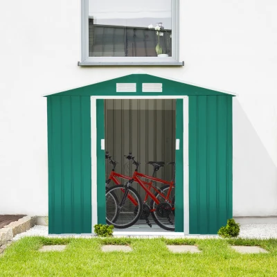 Outsunny Gartenhaus 2,42 m² - Aufbewahrung für Gartengeräte mit Fundament - abschließbare Doppeltür - Maße 213L x 130B x 185H cm - grünes Stahlblech