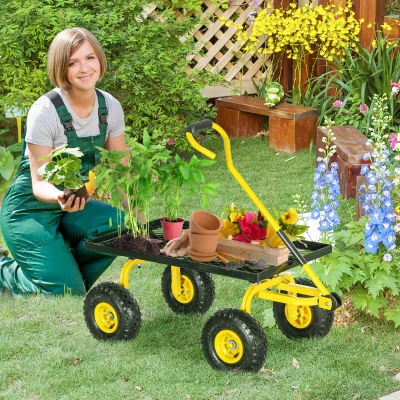 Outsunny Gartenkarren Transportwagen Handwagen 4 Räder 94 x 48,5 x 100 cm max. 150 kg Metall Gelb