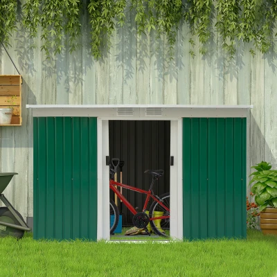 Outsunny Abri de Jardin, Cabane de Jardin, Abri de Rangement avec Porte Coulissante, Fenêtre de Ventilation, Toit en Pente, Extérieur, Acier, Vert Foncé, 280 x 130 x 172 cm