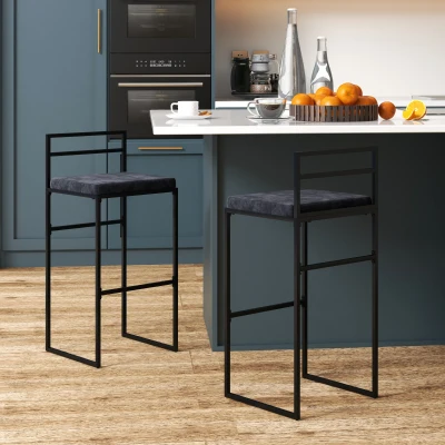 HOMCOM Set aus 2 Barhockern Hochstühle mit Samtsitzkissen und Fußstütze Höhe 74 cm Schwarz