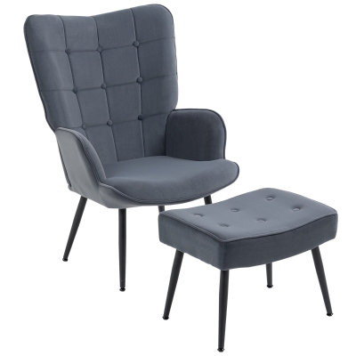 HOMCOM Fauteuil avec ottomane, fauteuil relaxant. Boutonnage, Gris foncé
