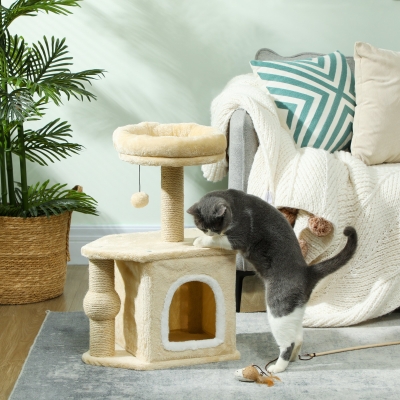 PawHut Arranhador para Gatos com Cama Caverna Plataforma Bola Suspensa e Poste de Juta 42x30x66 cm Marrom e Bege