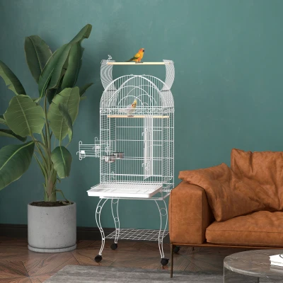 PawHut Vogelkäfig auf Rollen mit Regal herausnehmbarem Tablett 2 Näpfen Sitzstange Edelstahl 51 x 51 x 153 cm weiß