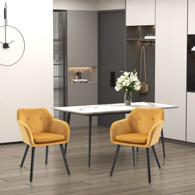 HOMCOM Esszimmerstühle Küchenstuhl skandinavisches Design - Set mit 2 - Schwarze Holzbeine - Senfgelbes Samt