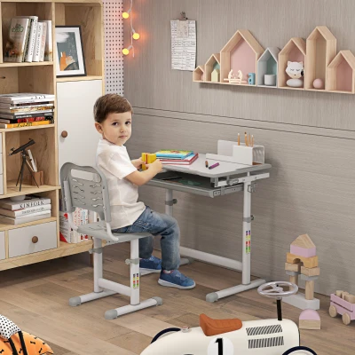 HOMCOM Kinder-Schreibtisch-Set mit höhenverstellbarem Stahlstuhl, ausziehbarer Tischplatte, 45 ° neigbarem Schreibtisch - Grau Weiß