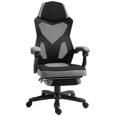 Vinsetto Bürostuhl Gaming-Stuhl höhenverstellbar neigbar 360° drehbar mit 5 Rollen Fußhocker Netzstoff 58B x 63T x 112-122H cm grau schwarz
