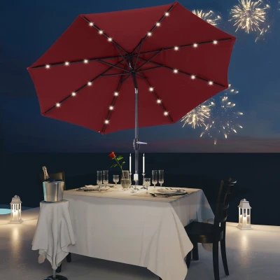 Outsunny Garten-Sonnenschirm Gerader Sonnenschirm Neigbarer oktogonaler ø 2,7 m LED-Solarsonnenschirm Metall Hochdichtes 180 g/m² Polyester Bordeaux Rot