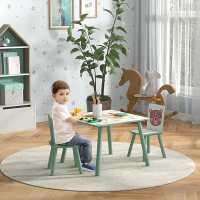 ZONEKIZ Kindertisch und 2 Stühle für Kinder 3-8 Jahre Set 3-teilig Tiermotiv für Schlafzimmer Spielzimmer grün