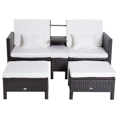Outsunny Ensemble de Canapé de Jardin 3 pièces Mobilier de Jardin Salon de Jardin Rotin Meubles de Jardin Marron Rotin Synthétique + Métal Canapé 2 Places 2 x Repose-Pieds Coussins