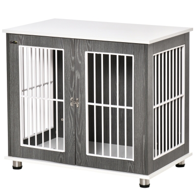 PawHut Cage de transport pour chiens de taille moyenne et petite, verrouillable, panneau de bois, acier, Gris + Blanc