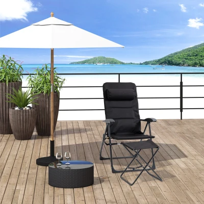 Outsunny Liegestuhl mit faltbarer Fußstütze Sonnenliege 1 Platz tragbar verstellbare Rückenlehne Kopfteil Tasche Schwarz 60 x 73 x 108 cm