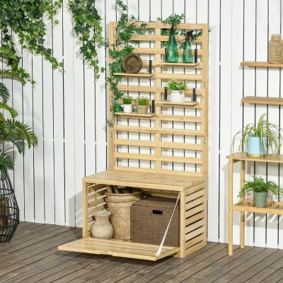 Outsunny Boîte de Rangement avec Treillis, 4 Étagères Suspendues, Porte Magnétique, Bois Massif, Naturel, 80 x 45 x 160 cm