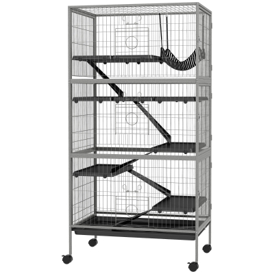 PawHut Käfig für Nagetiere multifunktional 4 Ebenen 3 Rampen 4 Türen Maße 80L x 52B x 159H cm aus Stahl in Grau-Silber-Schwarz