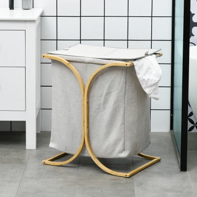 HOMCOM Wäschekorb Wäsche, Aufbewahrungskorb aus Bambus mit 2 Stoffkörben und Deckel - 55L x 40B x 62H cm Dunkelgrau