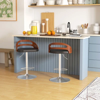 HOMCOM Set mit 2 zeitgenössischen Design-Barhockern Höhenverstellbar 360° drehbar synthetisches Leder Schwarz Rückenlehne mit Holzoptik