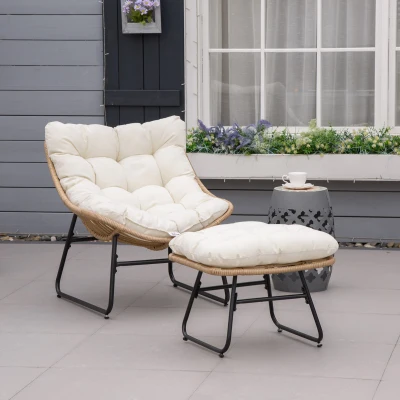 Outsunny Garten-Liegestuhl mit passendem Hocker aus Epoxid-Metall und Polyrattan in Rattan-Optik mit weichen Kissen - Natur