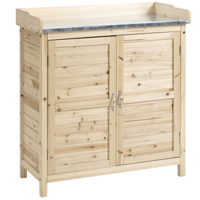 Outsunny Armoire de Jardin avec 2 Compartiments, Plan de Travail en Métal avec Rebord, Bois Naturel, 83 x 40 x 92 cm