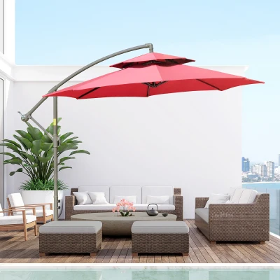 Outsunny Sonnenschirm mit seitlichem Mast, Doppeldach, neigbar, mit Kurbel, inkl. Kreuzfuß aus Stahl und Polyester Ø 2,67 x 2,65H m Rot