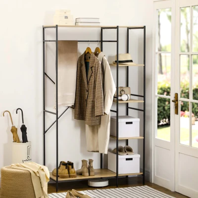 HOMCOM Kleiderständer im industriellen Stil aus Metall mit Stange und 4 Regalen - Maße 100L x 46B x 170,5H cm