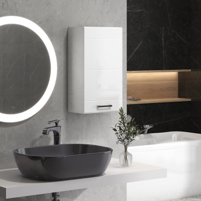 kleankin Hängender Badezimmerschrank 1 Tür mit höhenverstellbarem Regal in 3 Ebenen 37 x 22,5 x 70 cm Hochglanz Weiß