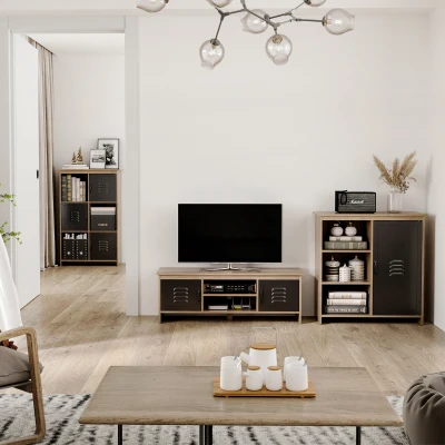 HOMCOM TV-Möbel TV-Bank 110 cm Industriedesign mit 2 Schränken, 2 Fächern, 2 Kabeldurchführungen, Holzmaserung Optik Schwarze Metalltüren