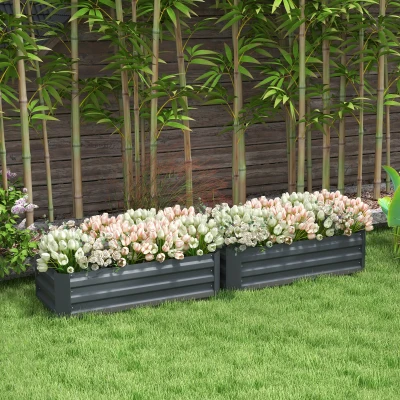 Outsunny Set mit 2 quadratischen Hochbeeten für den Garten 100L x 50B x 30H cm - gewelltes Stahlblech in Grau