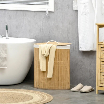 HOMCOM 55 L Wasmand met Deksel, Handvat, Was Sorteerder met Verwijderbare Waszak voor Badkamer, Bamboe, Natuur