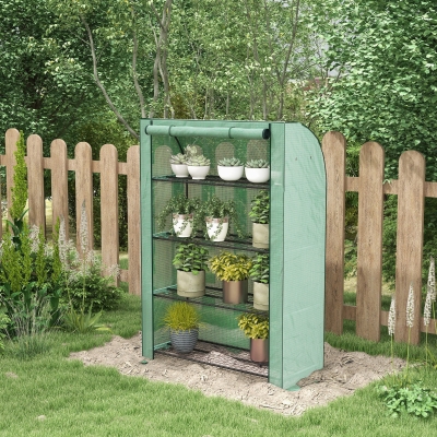 Outsunny Mini-Gewächshaus mit 4 Etagen mit verstärkter PE-Abdeckung, Rollladentür und Regalen 120 x 50 x 170 cm, grün